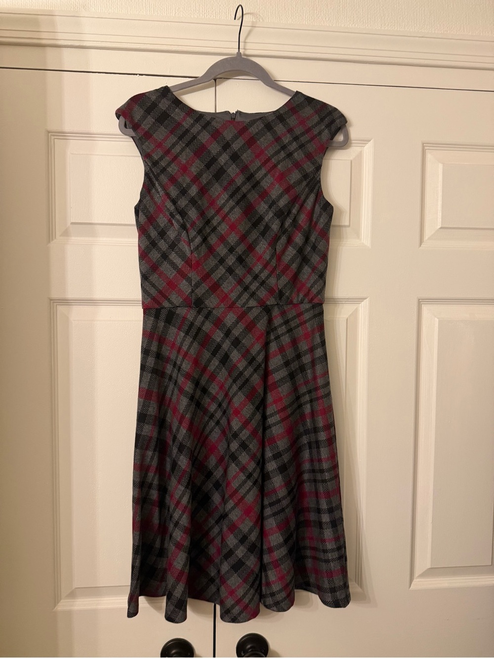 Maggy London Gray and Burgundy Plaid Cap-Sleeve Fit & Flare Dress